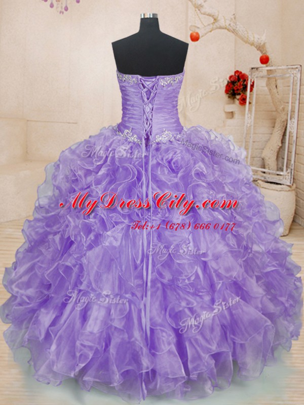 Inexpensive Sweetheart Sleeveless Organza Quince Ball Gowns Beading and Ruffles Lace Up