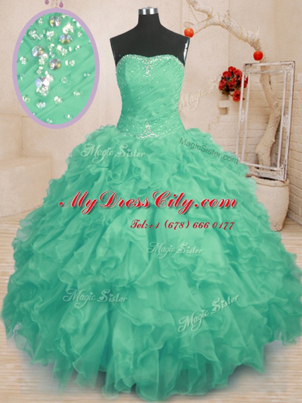 Comfortable Turquoise Ball Gowns Organza Strapless Sleeveless Beading and Ruffles and Ruching Floor Length Lace Up Sweet 16 Dresses