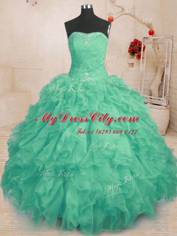 Comfortable Turquoise Ball Gowns Organza Strapless Sleeveless Beading and Ruffles and Ruching Floor Length Lace Up Sweet 16 Dresses