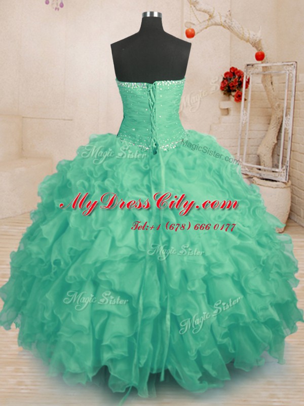 Comfortable Turquoise Ball Gowns Organza Strapless Sleeveless Beading and Ruffles and Ruching Floor Length Lace Up Sweet 16 Dresses