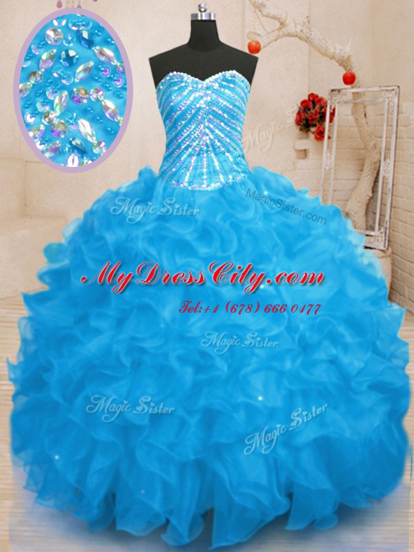 Lovely Sleeveless Floor Length Beading and Ruffles and Sequins Lace Up Sweet 16 Dresses with Baby Blue