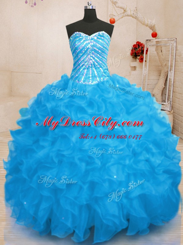 Lovely Sleeveless Floor Length Beading and Ruffles and Sequins Lace Up Sweet 16 Dresses with Baby Blue