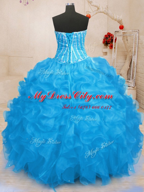 Lovely Sleeveless Floor Length Beading and Ruffles and Sequins Lace Up Sweet 16 Dresses with Baby Blue