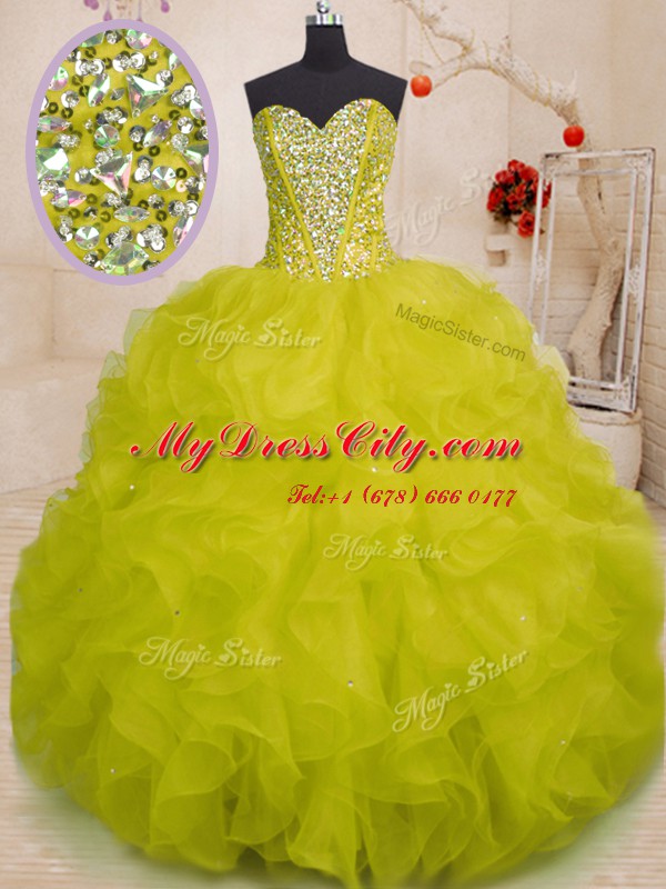 Fantastic Sleeveless Organza Floor Length Lace Up Quinceanera Dress in Yellow Green with Beading and Ruffles