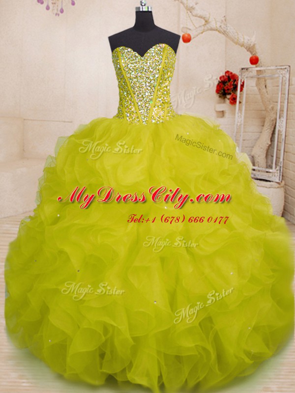 Fantastic Sleeveless Organza Floor Length Lace Up Quinceanera Dress in Yellow Green with Beading and Ruffles