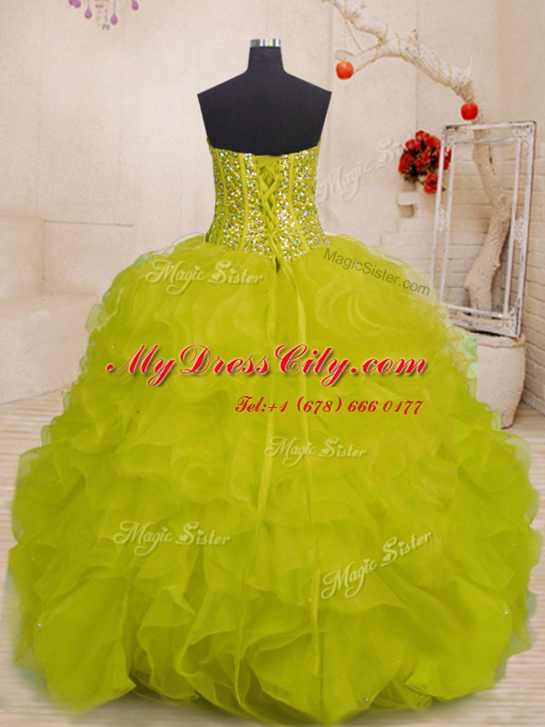 Fantastic Sleeveless Organza Floor Length Lace Up Quinceanera Dress in Yellow Green with Beading and Ruffles