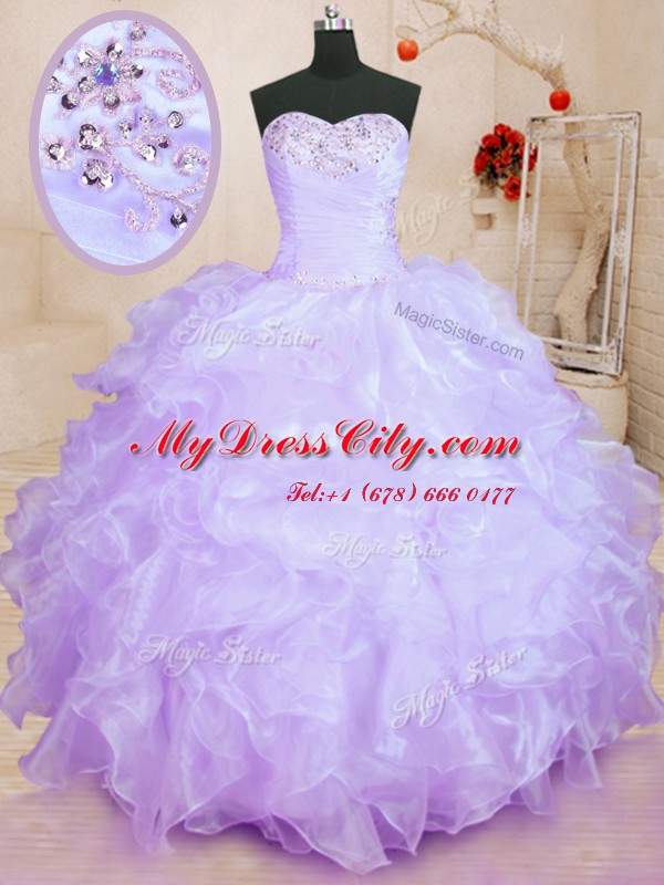 Organza Sweetheart Sleeveless Lace Up Beading and Ruffles Quinceanera Gowns in Lavender