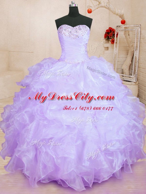 Organza Sweetheart Sleeveless Lace Up Beading and Ruffles Quinceanera Gowns in Lavender