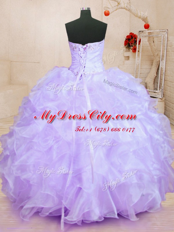 Organza Sweetheart Sleeveless Lace Up Beading and Ruffles Quinceanera Gowns in Lavender