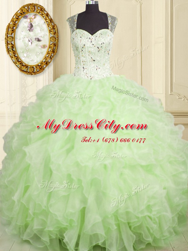 Luxury Yellow Green Ball Gowns Beading and Ruffles Quinceanera Dress Lace Up Organza Sleeveless Floor Length