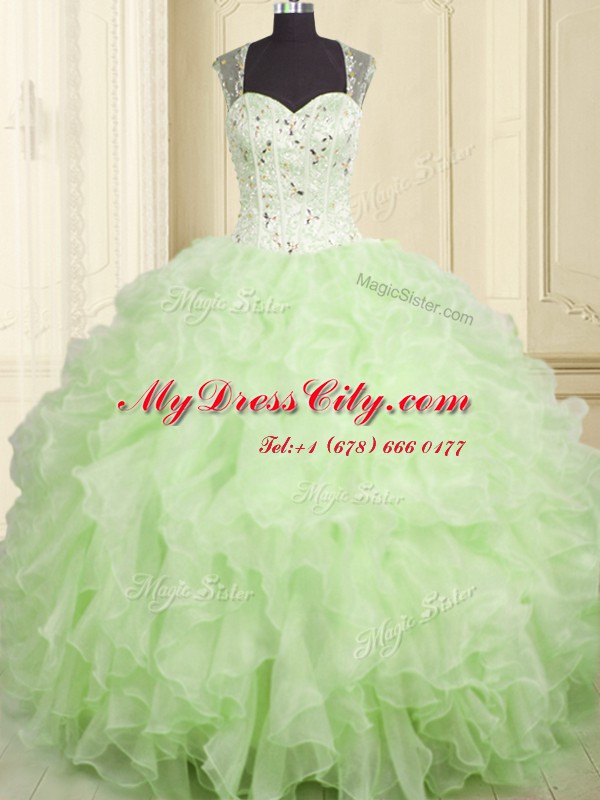 Luxury Yellow Green Ball Gowns Beading and Ruffles Quinceanera Dress Lace Up Organza Sleeveless Floor Length