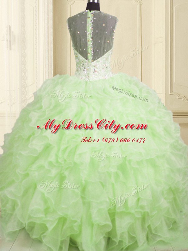 Luxury Yellow Green Ball Gowns Beading and Ruffles Quinceanera Dress Lace Up Organza Sleeveless Floor Length