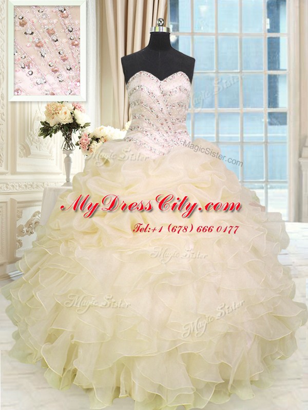 Hot Sale Champagne Sweetheart Neckline Beading and Ruffles Quinceanera Dress Sleeveless Lace Up