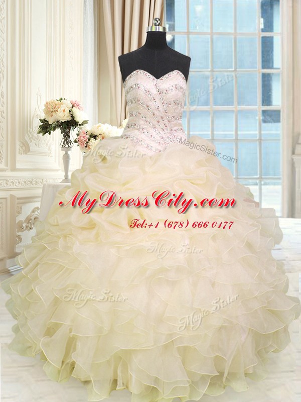 Hot Sale Champagne Sweetheart Neckline Beading and Ruffles Quinceanera Dress Sleeveless Lace Up