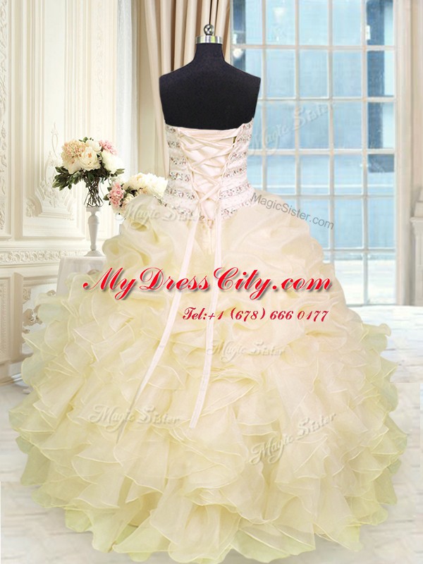 Hot Sale Champagne Sweetheart Neckline Beading and Ruffles Quinceanera Dress Sleeveless Lace Up