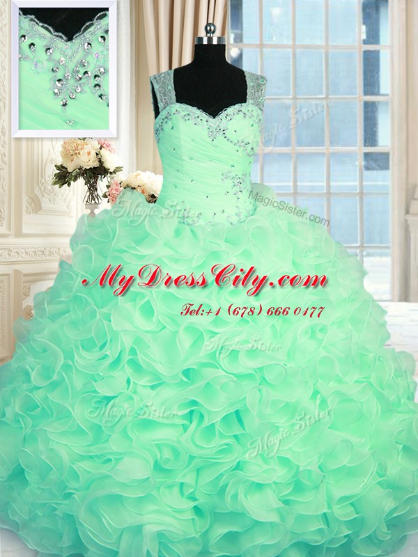 Beading and Ruffles Sweet 16 Quinceanera Dress Apple Green Zipper Sleeveless Floor Length