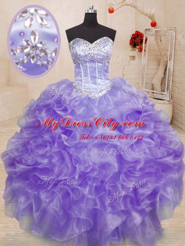 Chic Sleeveless Organza Floor Length Lace Up Quinceanera Gowns in Lavender with Beading and Ruffles