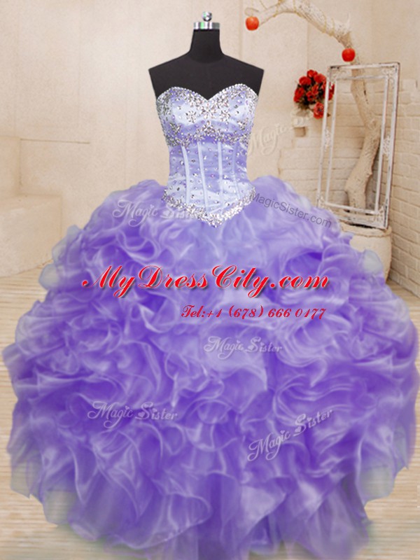 Chic Sleeveless Organza Floor Length Lace Up Quinceanera Gowns in Lavender with Beading and Ruffles