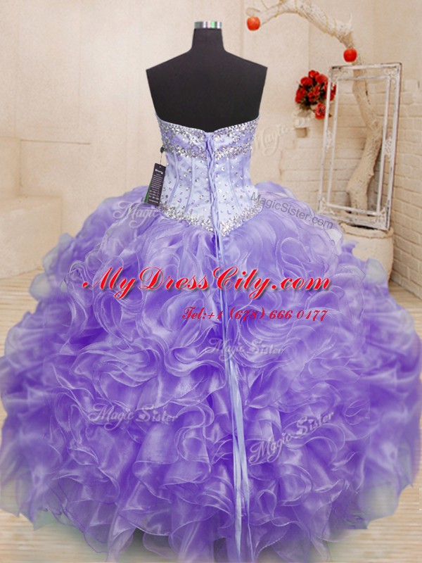 Chic Sleeveless Organza Floor Length Lace Up Quinceanera Gowns in Lavender with Beading and Ruffles