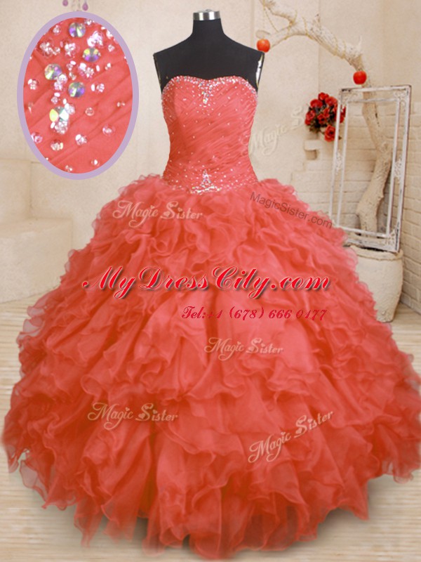 Dynamic Orange Red Sleeveless Floor Length Beading and Ruffles and Ruching Lace Up Sweet 16 Dresses