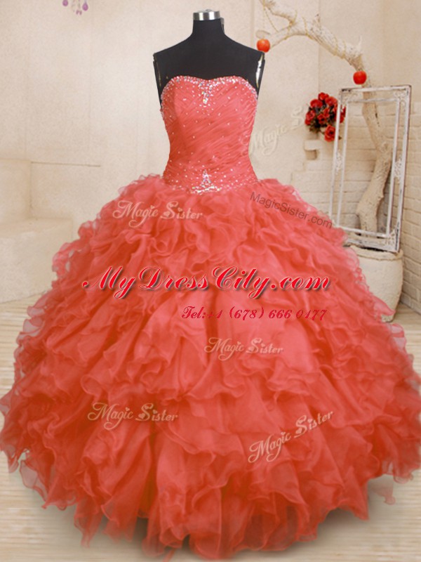 Dynamic Orange Red Sleeveless Floor Length Beading and Ruffles and Ruching Lace Up Sweet 16 Dresses