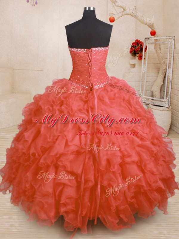 Dynamic Orange Red Sleeveless Floor Length Beading and Ruffles and Ruching Lace Up Sweet 16 Dresses