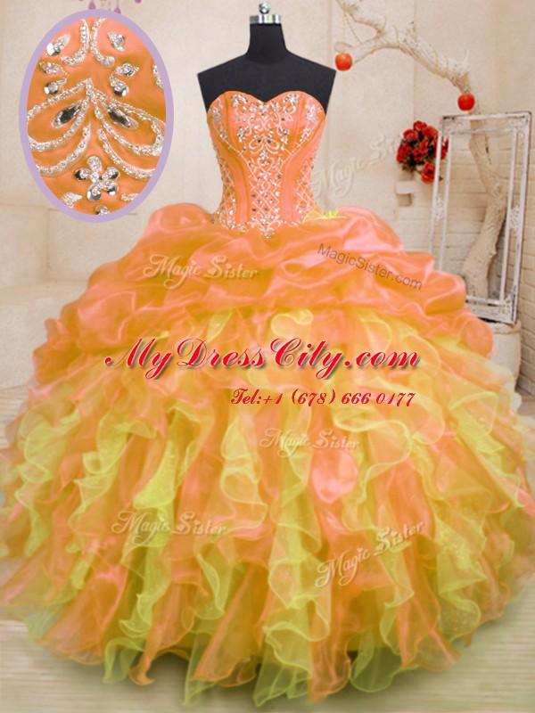 New Style Sleeveless Organza Floor Length Lace Up Ball Gown Prom Dress in Multi-color with Beading and Ruffles