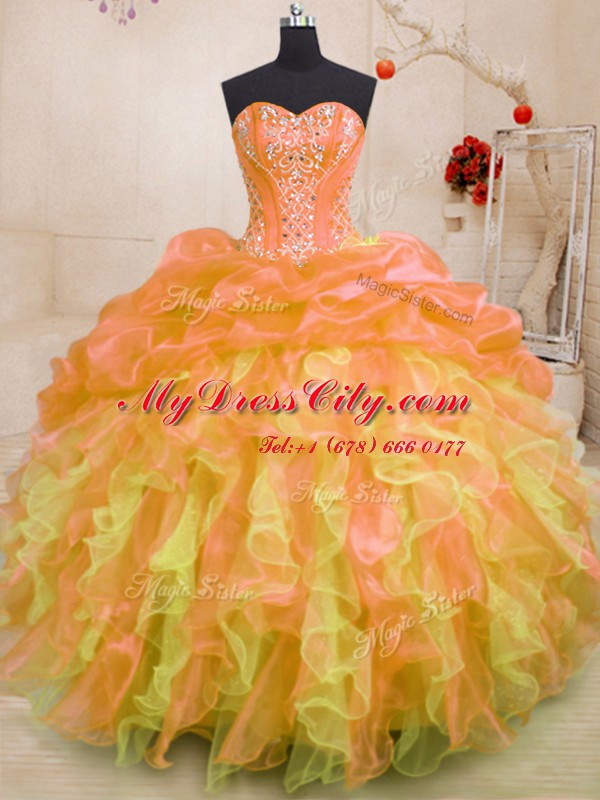 New Style Sleeveless Organza Floor Length Lace Up Ball Gown Prom Dress in Multi-color with Beading and Ruffles