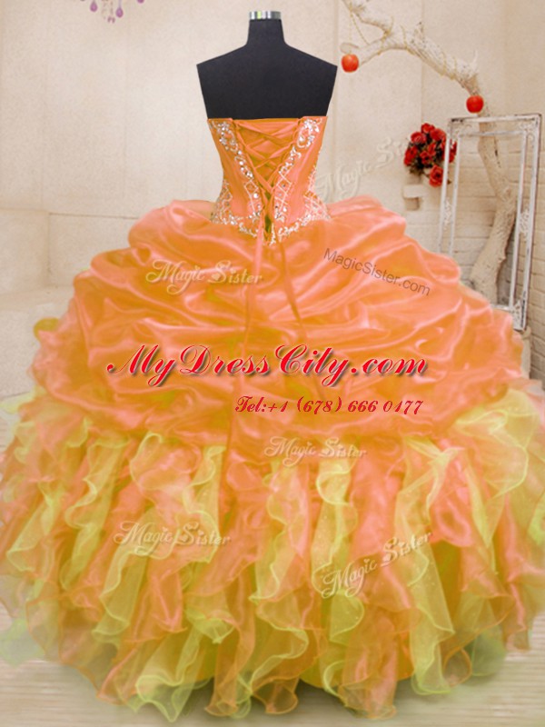 New Style Sleeveless Organza Floor Length Lace Up Ball Gown Prom Dress in Multi-color with Beading and Ruffles