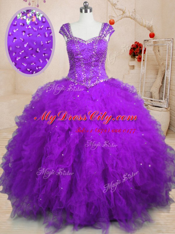 Purple Tulle Lace Up 15th Birthday Dress Cap Sleeves Floor Length Beading and Ruffles