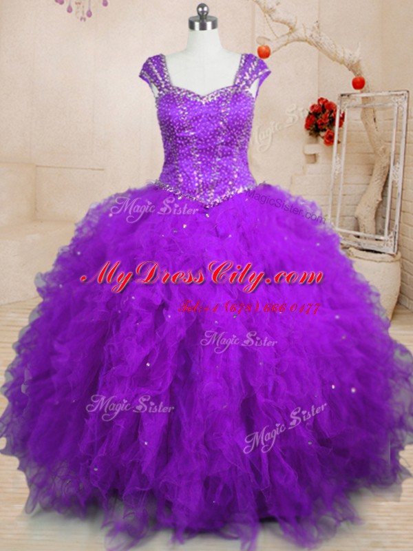 Purple Tulle Lace Up 15th Birthday Dress Cap Sleeves Floor Length Beading and Ruffles