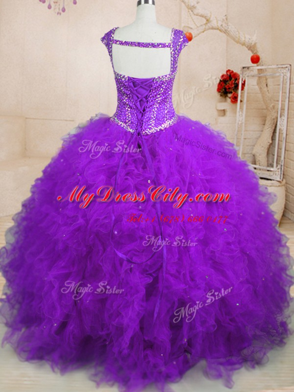 Purple Tulle Lace Up 15th Birthday Dress Cap Sleeves Floor Length Beading and Ruffles