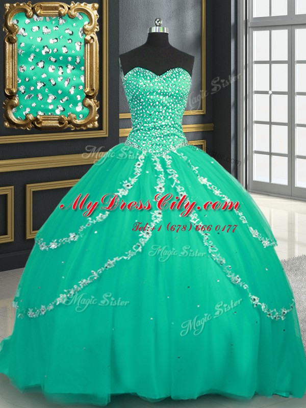 Suitable Tulle Sweetheart Sleeveless Brush Train Lace Up Beading and Appliques Quinceanera Gowns in Turquoise