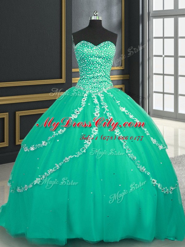 Suitable Tulle Sweetheart Sleeveless Brush Train Lace Up Beading and Appliques Quinceanera Gowns in Turquoise