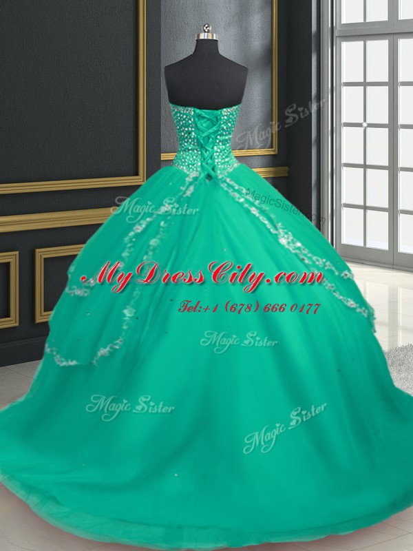 Suitable Tulle Sweetheart Sleeveless Brush Train Lace Up Beading and Appliques Quinceanera Gowns in Turquoise