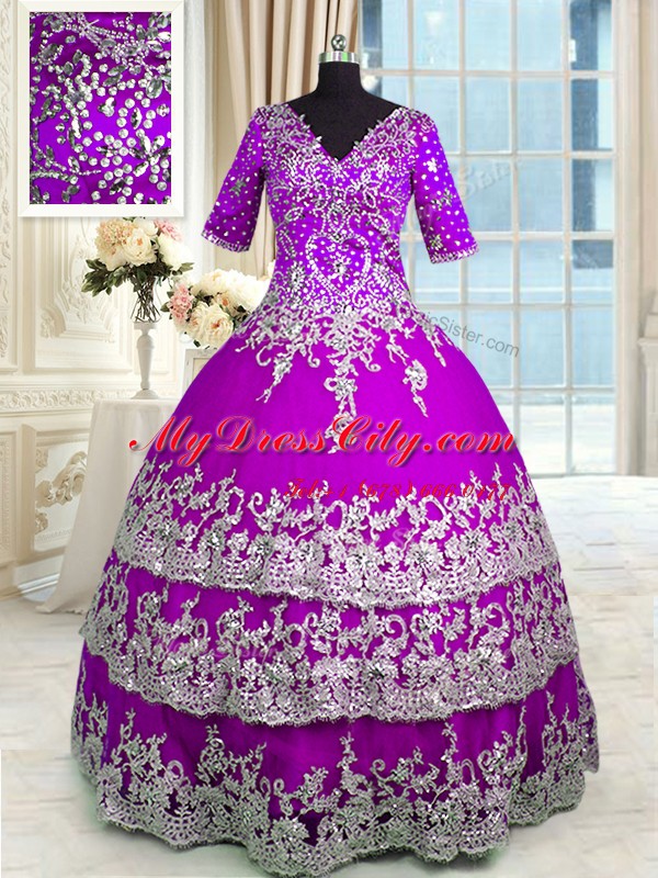 Glorious Floor Length Zipper Sweet 16 Quinceanera Dress Purple for Military Ball and Sweet 16 and Quinceanera with Appliques and Ruffled Layers