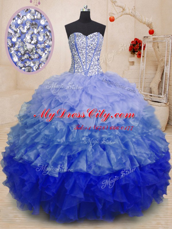 Multi-color Ball Gowns Sweetheart Sleeveless Organza Floor Length Lace Up Beading and Ruffles Ball Gown Prom Dress