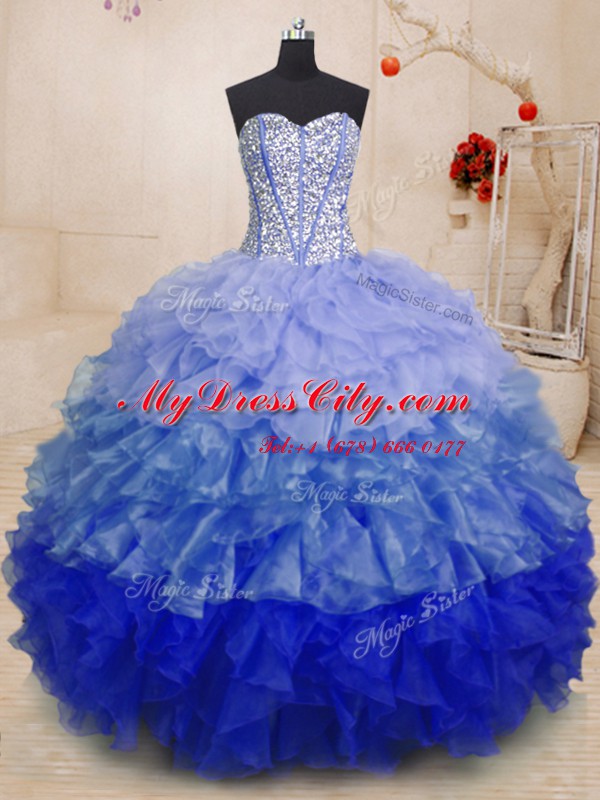 Multi-color Ball Gowns Sweetheart Sleeveless Organza Floor Length Lace Up Beading and Ruffles Ball Gown Prom Dress