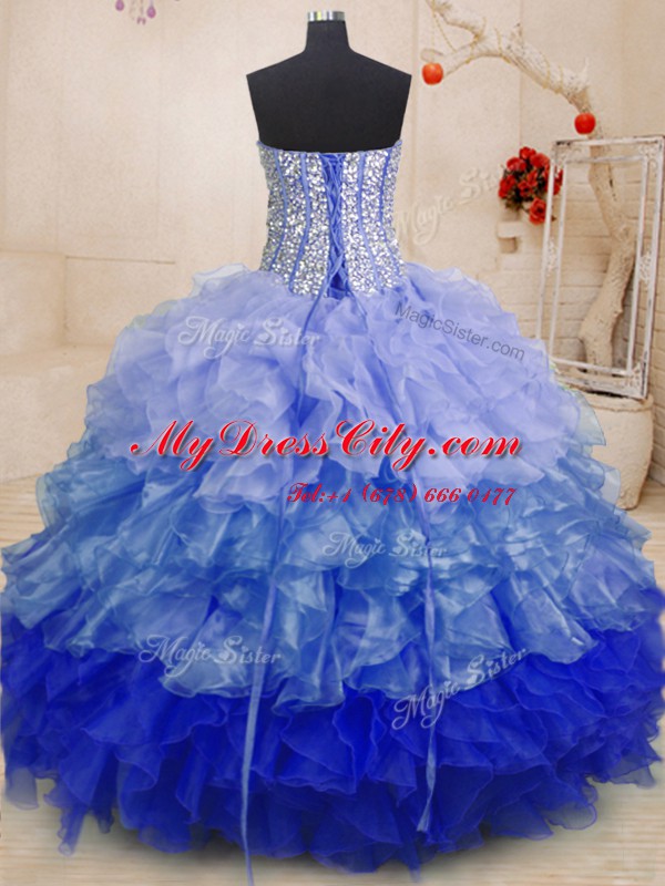 Multi-color Ball Gowns Sweetheart Sleeveless Organza Floor Length Lace Up Beading and Ruffles Ball Gown Prom Dress