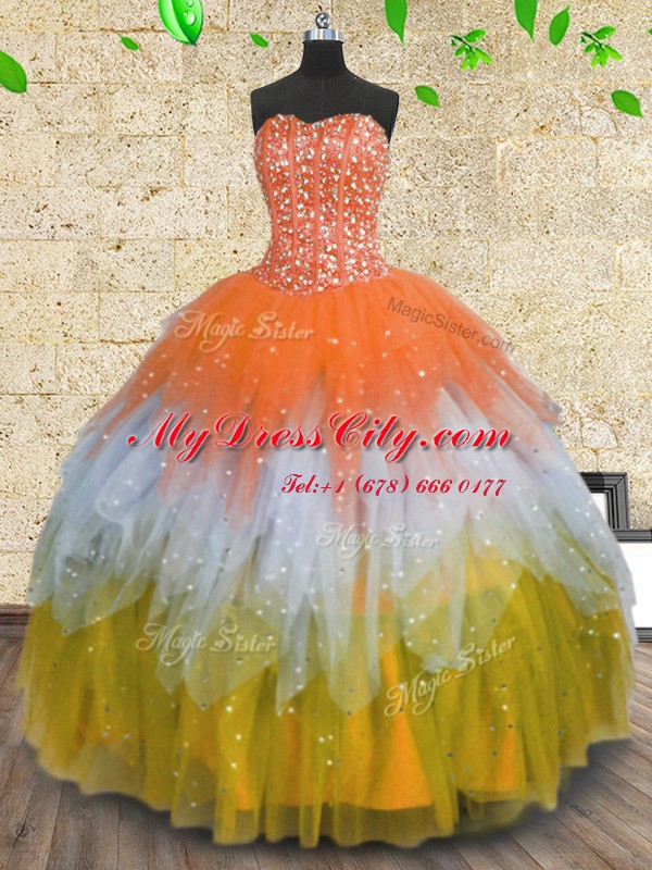 Exceptional Multi-color Sweetheart Neckline Beading and Ruffles and Sequins Vestidos de Quinceanera Sleeveless Lace Up