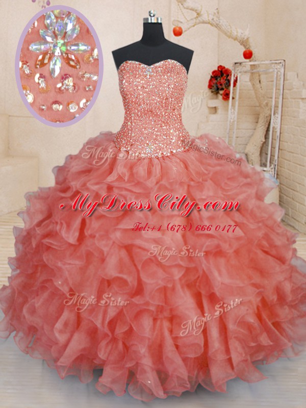 Super Watermelon Red Organza Lace Up Quinceanera Dress Sleeveless Floor Length Beading and Ruffles