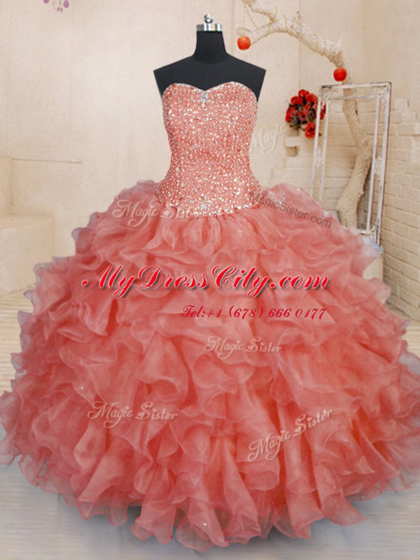 Super Watermelon Red Organza Lace Up Quinceanera Dress Sleeveless Floor Length Beading and Ruffles