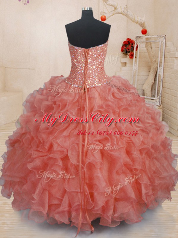 Super Watermelon Red Organza Lace Up Quinceanera Dress Sleeveless Floor Length Beading and Ruffles