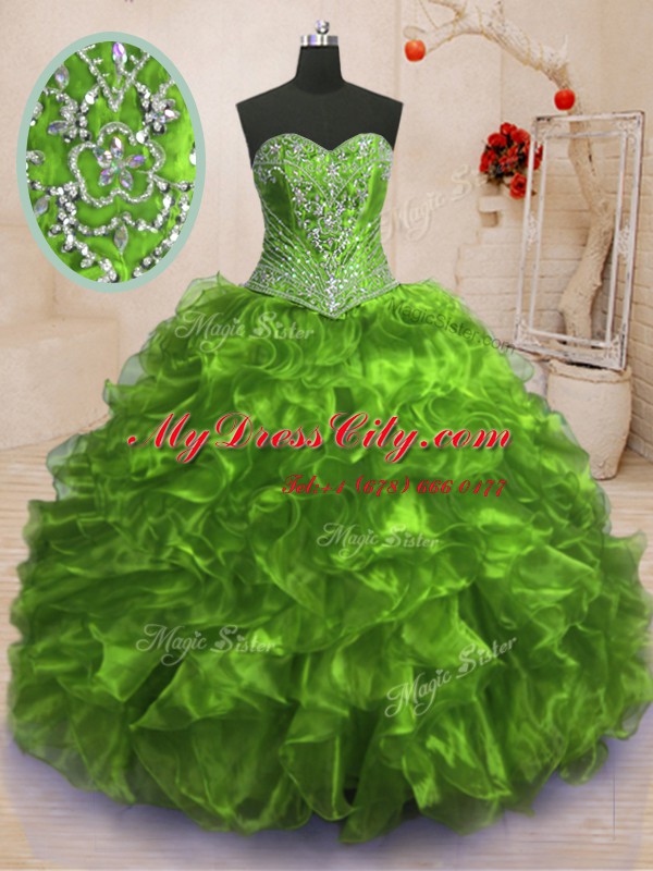 Luxury Sweetheart Sleeveless 15 Quinceanera Dress With Train Sweep Train Beading and Ruffles Olive Green Organza