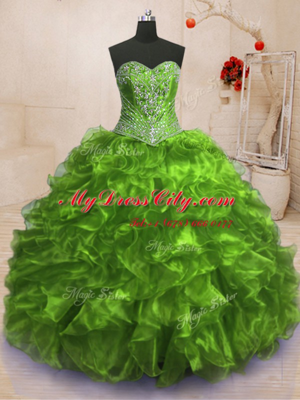 Luxury Sweetheart Sleeveless 15 Quinceanera Dress With Train Sweep Train Beading and Ruffles Olive Green Organza