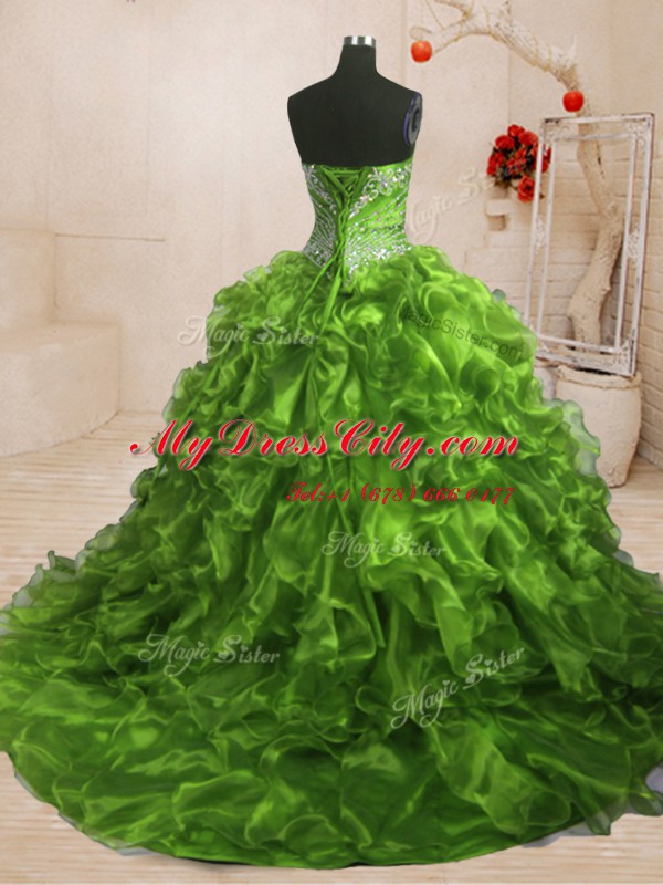 Luxury Sweetheart Sleeveless 15 Quinceanera Dress With Train Sweep Train Beading and Ruffles Olive Green Organza