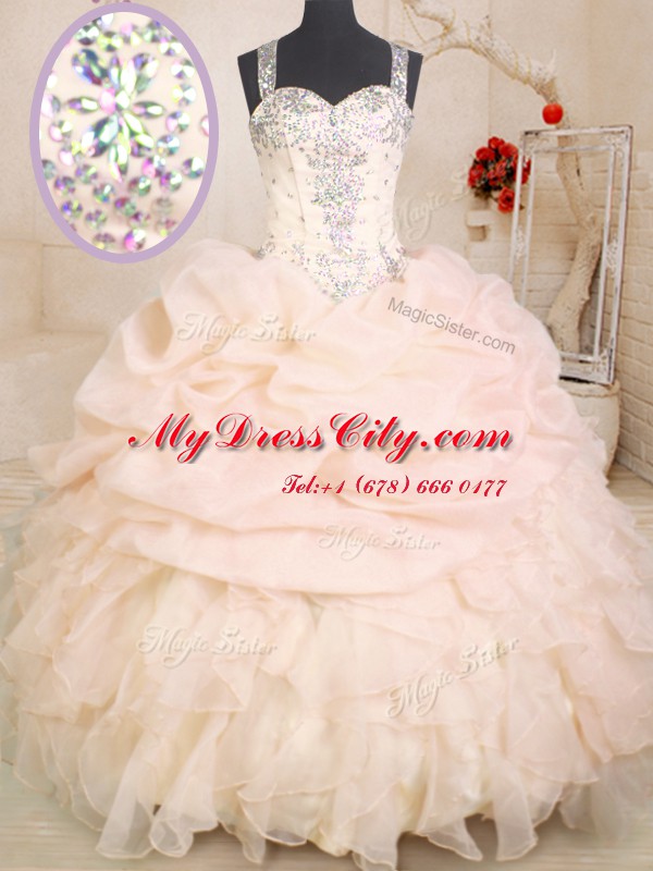 Shining Pink Ball Gowns Straps Sleeveless Organza Floor Length Zipper Beading and Ruffles and Pick Ups Quinceanera Dress