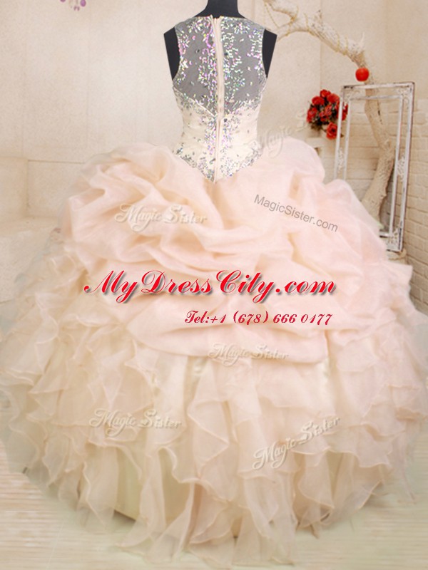 Shining Pink Ball Gowns Straps Sleeveless Organza Floor Length Zipper Beading and Ruffles and Pick Ups Quinceanera Dress