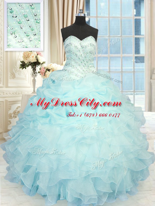 Cheap Pick Ups Aqua Blue Sleeveless Organza Lace Up Quinceanera Dress for Military Ball and Sweet 16 and Quinceanera