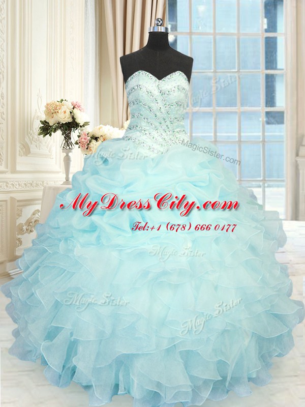 Cheap Pick Ups Aqua Blue Sleeveless Organza Lace Up Quinceanera Dress for Military Ball and Sweet 16 and Quinceanera